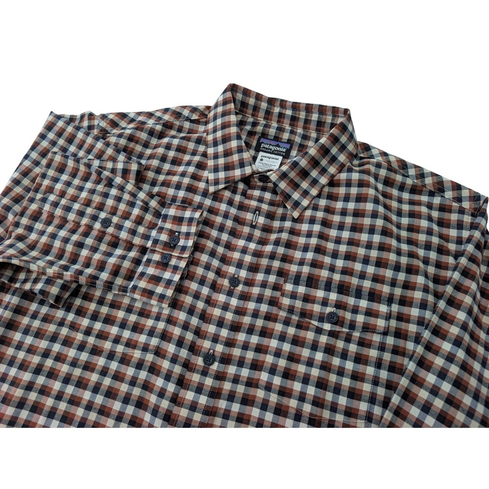 Patagonia Mens L Organic Cotton Plaid Button Down Shirt Brown Navy 53910